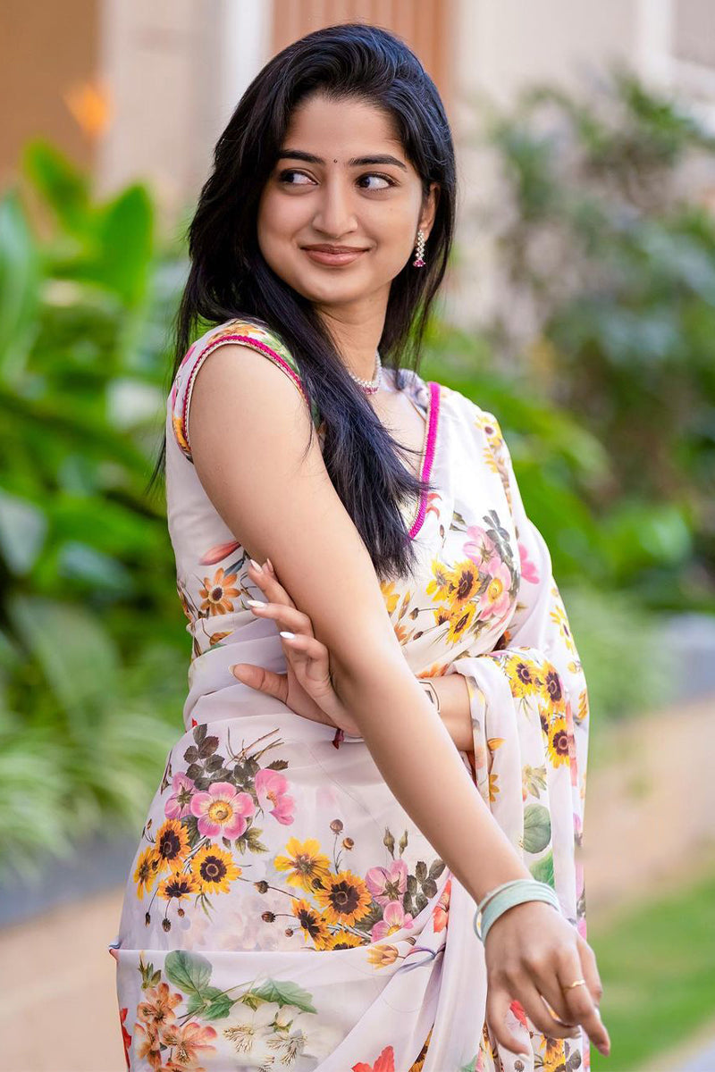 Pleasant White Digital Printed Georgette Saree With Desiring Blouse Piece - thelotusfab