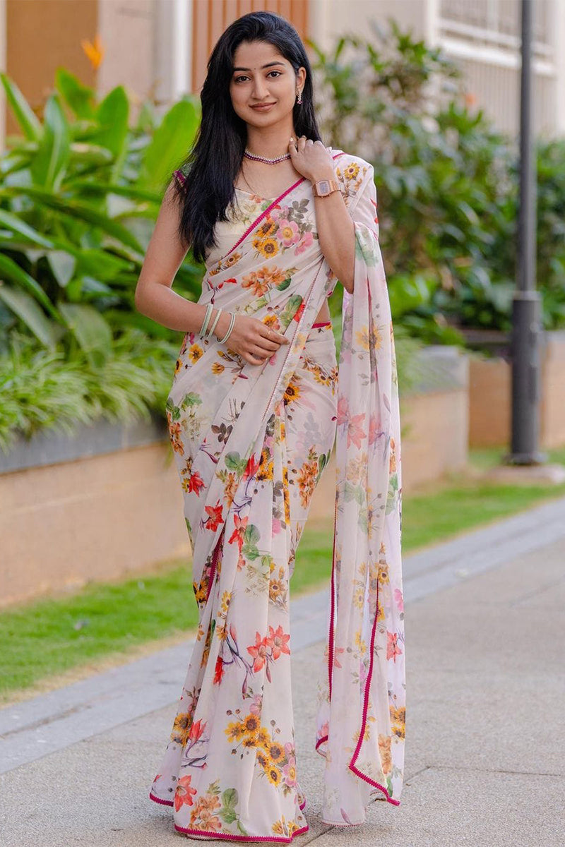 Pleasant White Digital Printed Georgette Saree With Desiring Blouse Piece - thelotusfab