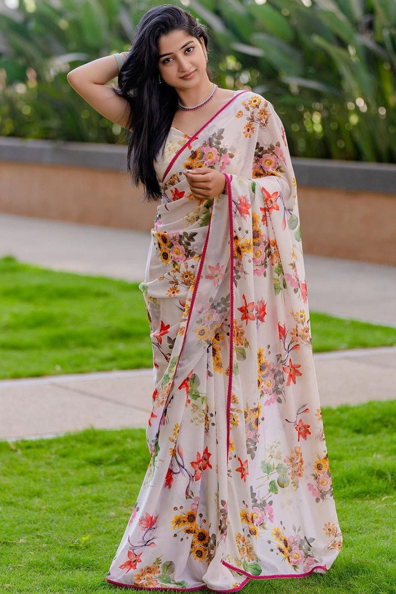 Pleasant White Digital Printed Georgette Saree With Desiring Blouse Piece - thelotusfab