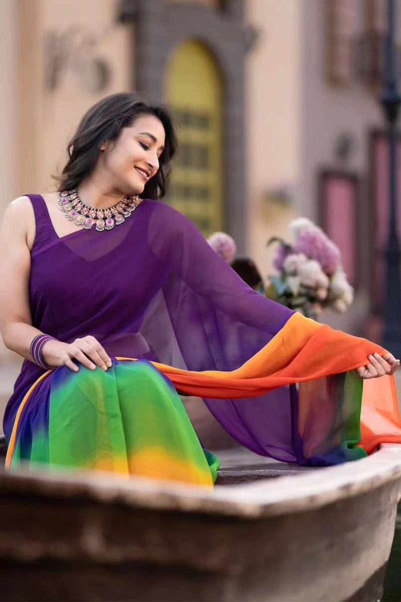 Dazzling Multicolor Digital Printed Georgette Saree With Captivating Blouse Piece - thelotusfab