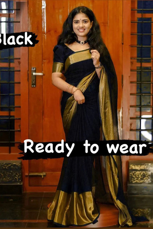 Super Extravagant 1-Minute Ready To Wear Black Chiffon Silk Saree - thelotusfab