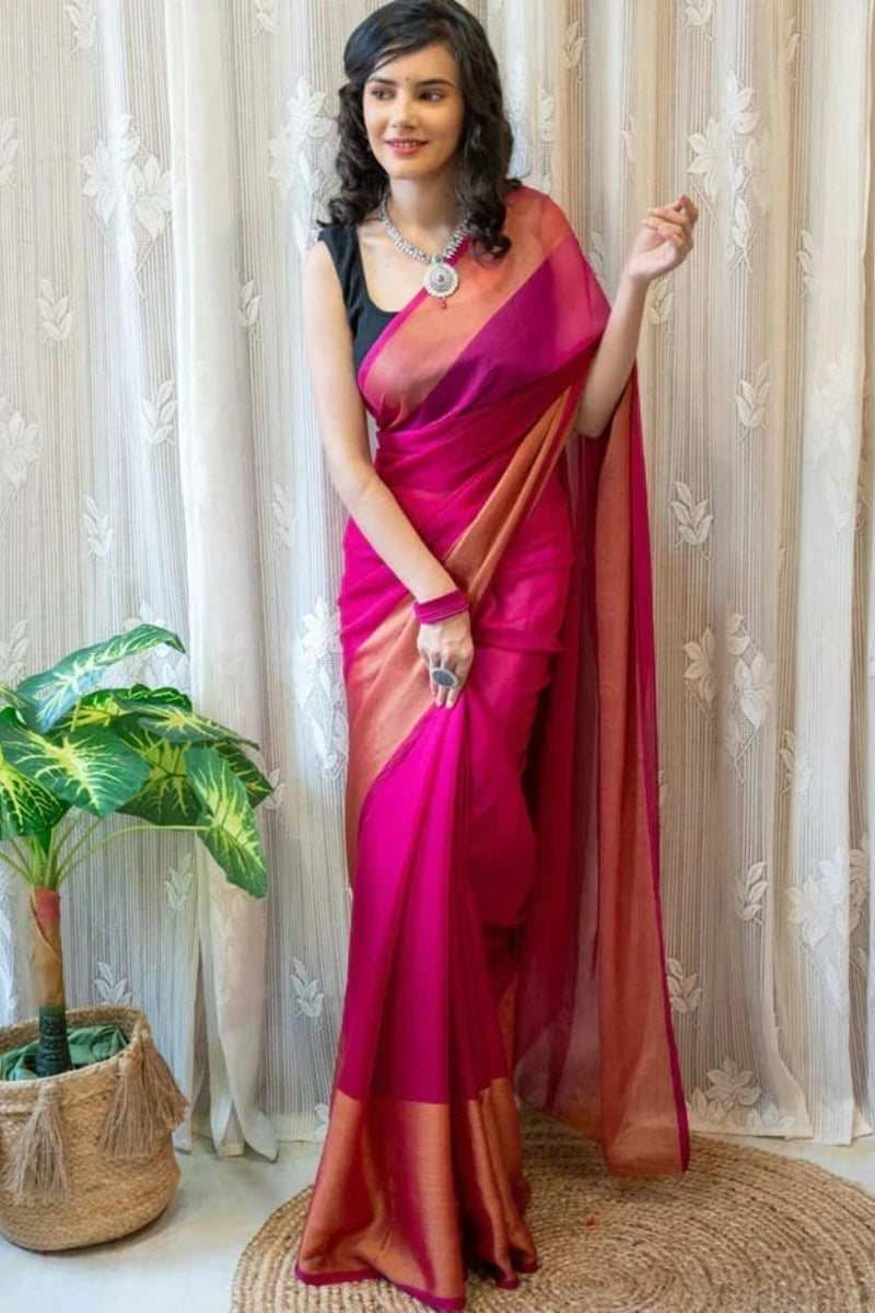 Imbrication 1-Minute Ready To Wear Dark Pink Chiffon Silk Saree - thelotusfab