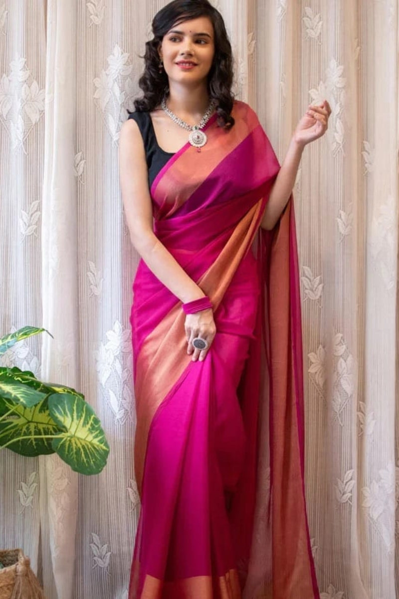 Imbrication 1-Minute Ready To Wear Dark Pink Chiffon Silk Saree - thelotusfab