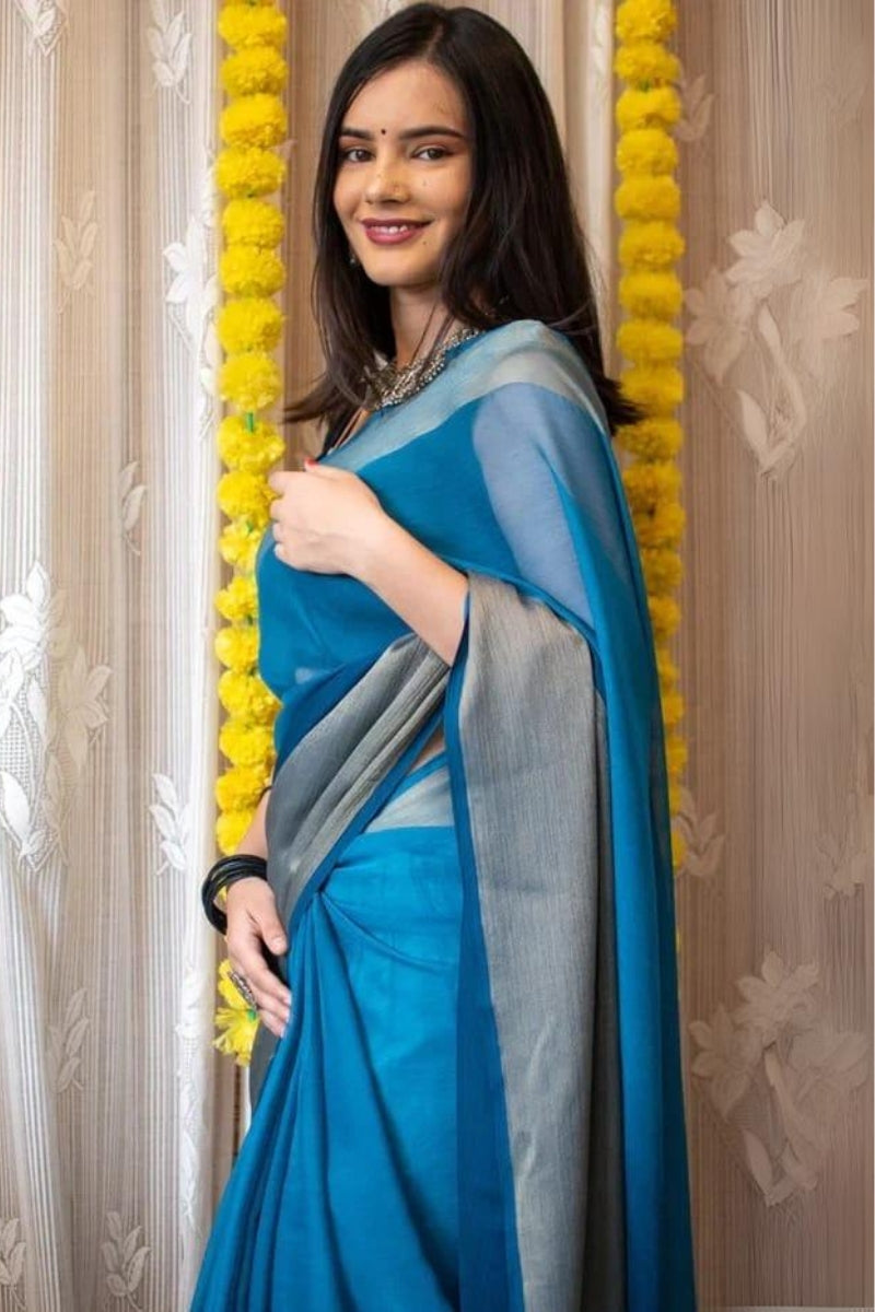 Staggering 1-Minute Ready To Wear Firozi Chiffon Silk Saree - thelotusfab