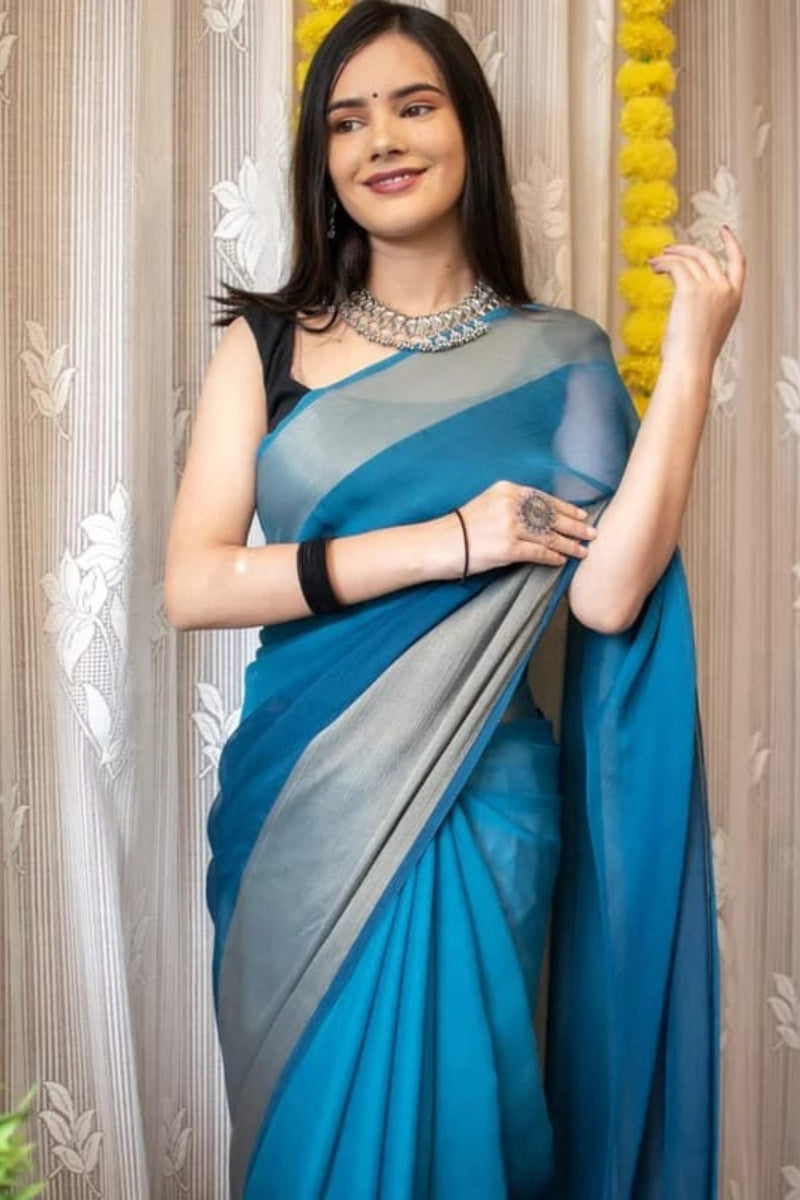 Staggering 1-Minute Ready To Wear Firozi Chiffon Silk Saree - thelotusfab