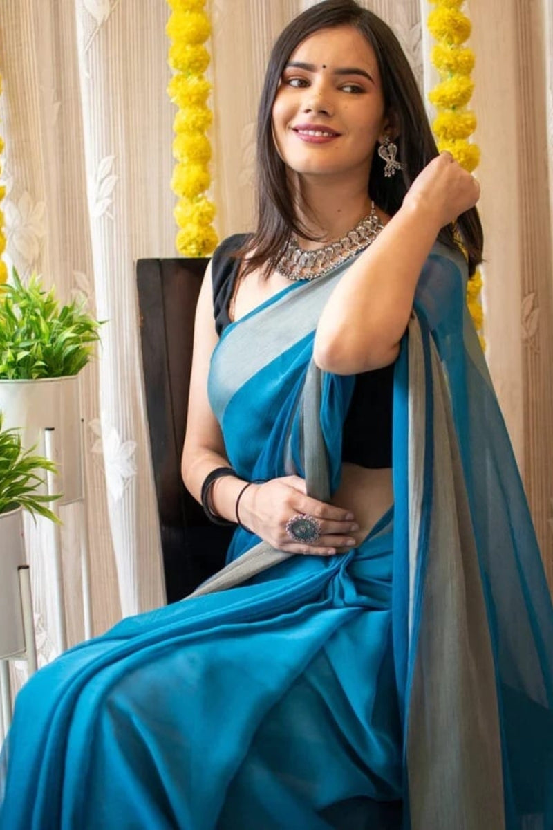 Staggering 1-Minute Ready To Wear Firozi Chiffon Silk Saree - thelotusfab