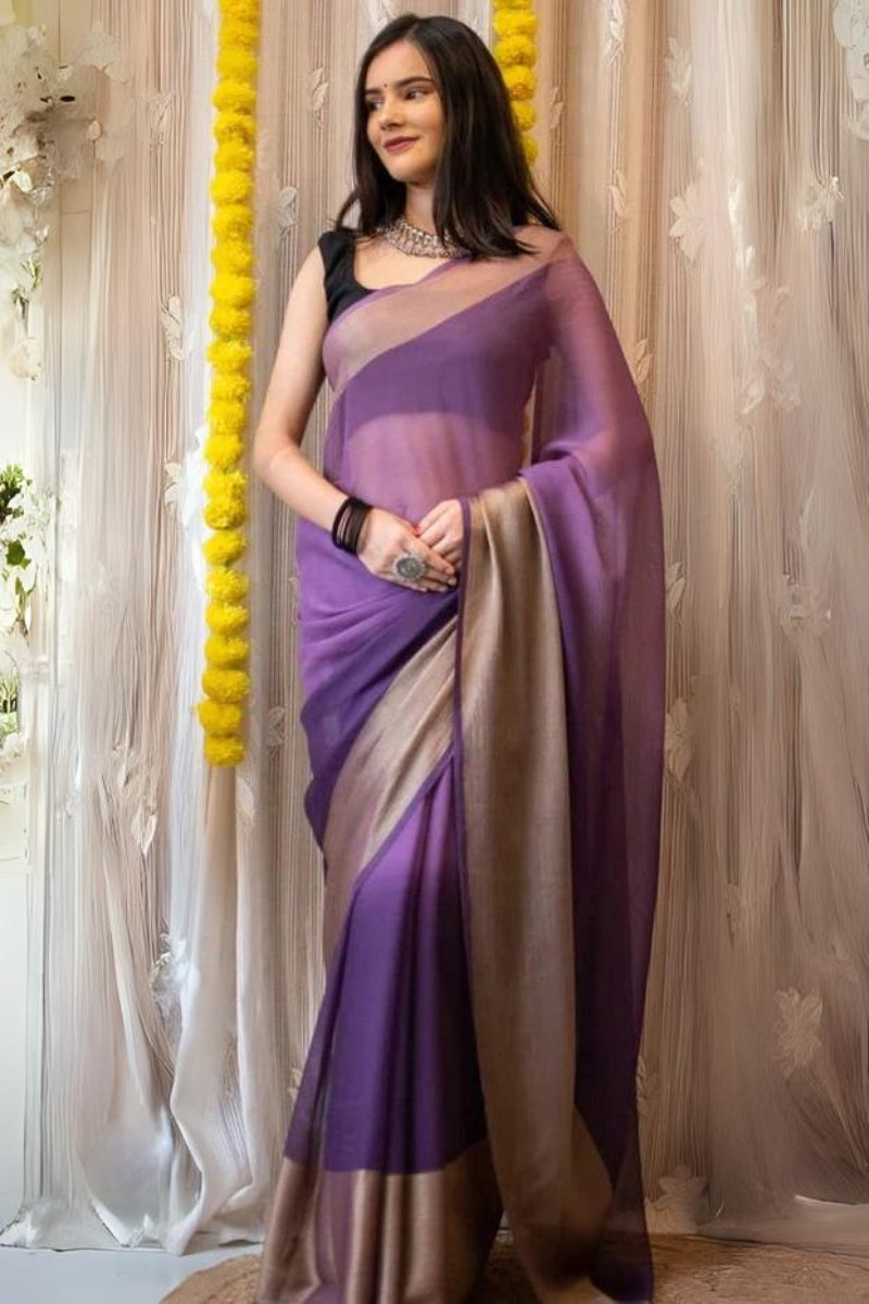 Surreptitious 1-Minute Ready To Wear Lavendor Chiffon Silk Saree - thelotusfab