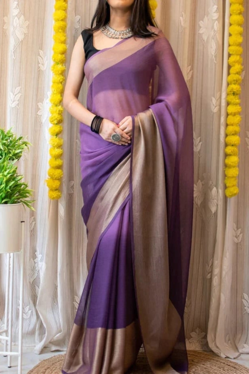 Surreptitious 1-Minute Ready To Wear Lavendor Chiffon Silk Saree - thelotusfab