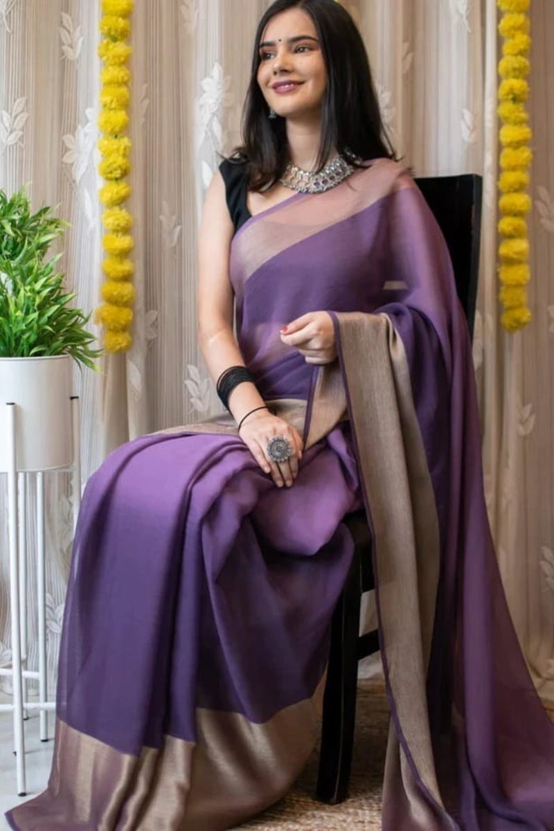 Surreptitious 1-Minute Ready To Wear Lavendor Chiffon Silk Saree - thelotusfab