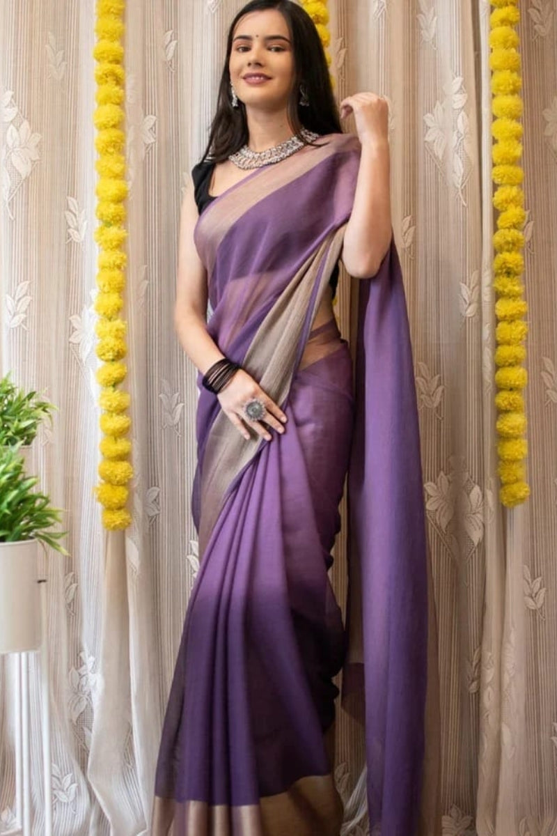 Surreptitious 1-Minute Ready To Wear Lavendor Chiffon Silk Saree - thelotusfab