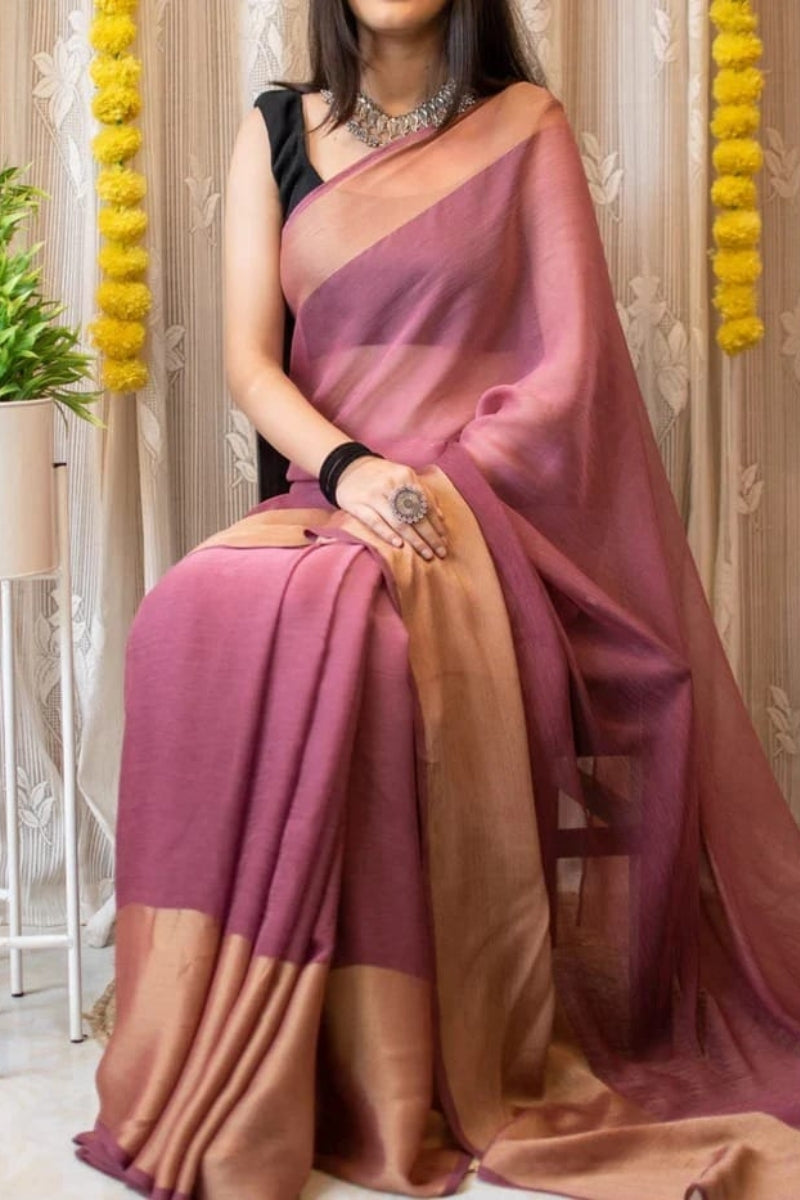 Epiphany 1-Minute Ready To Wear Pink Chiffon Silk Saree - thelotusfab