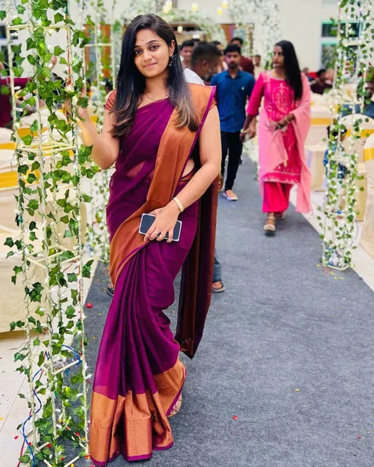 Intricate 1-Minute Ready To Wear Purple Chiffon Silk Saree - thelotusfab