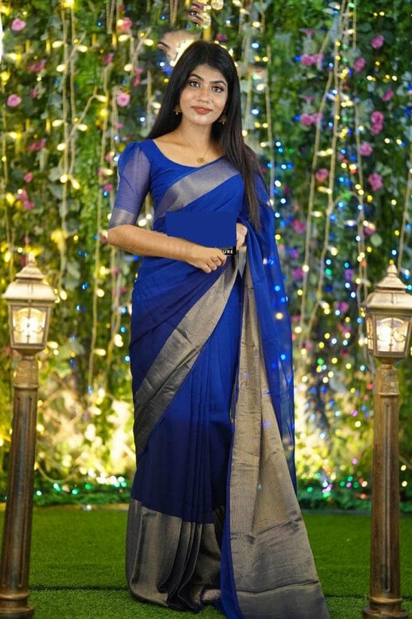 Dalliance 1-Minute Ready To Wear Royal Blue Chiffon Silk Saree - thelotusfab