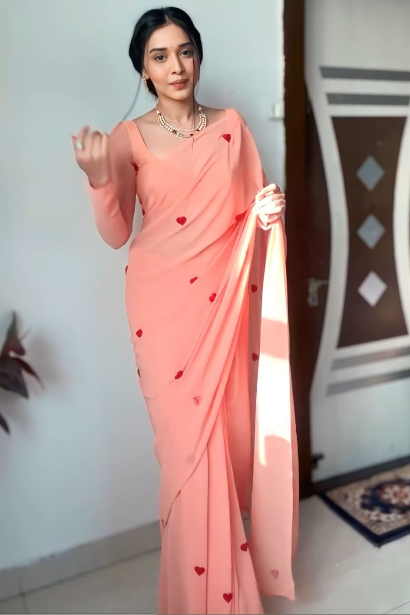 Smashing 1-Minute Ready To Wear Peach Georgette Saree - thelotusfab