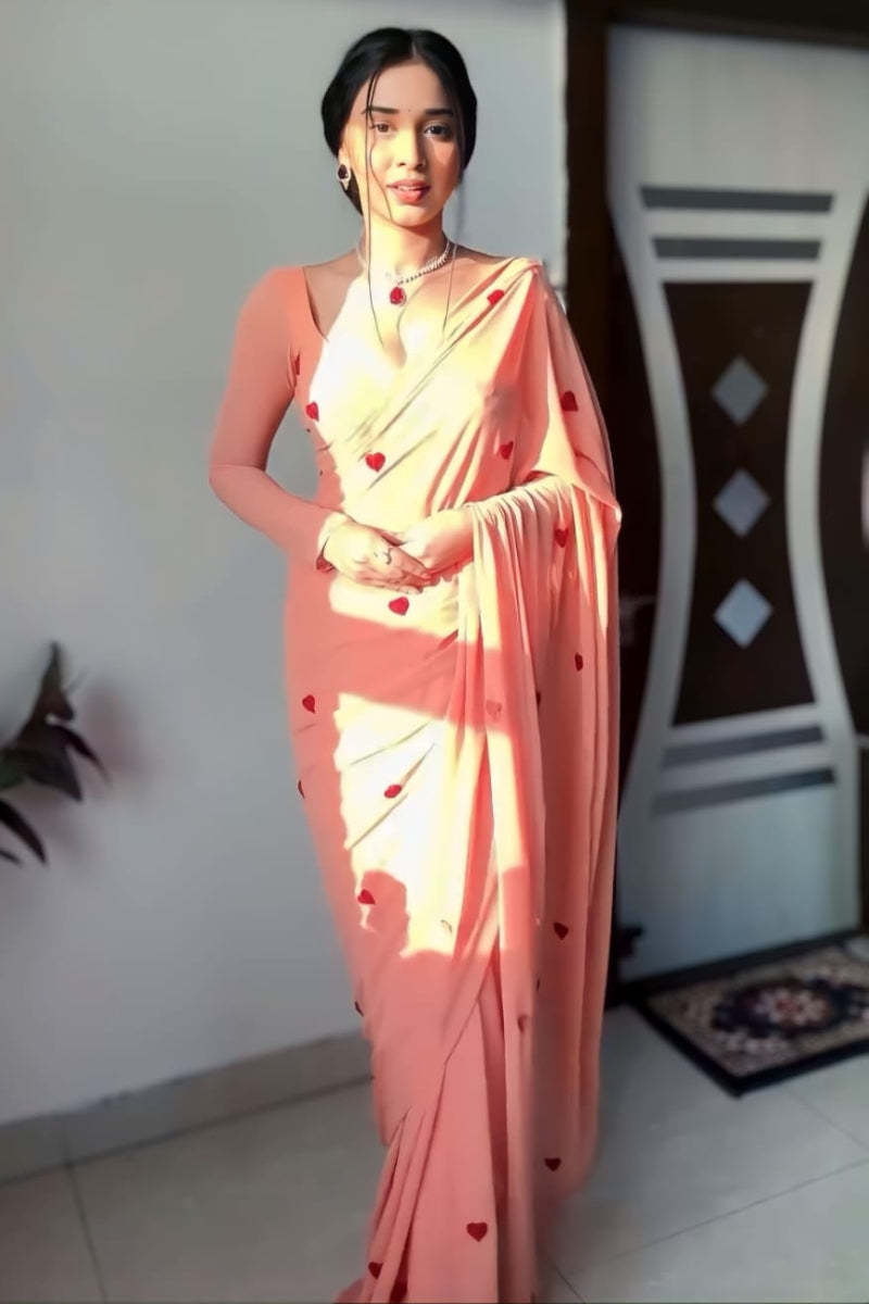 Smashing 1-Minute Ready To Wear Peach Georgette Saree - thelotusfab