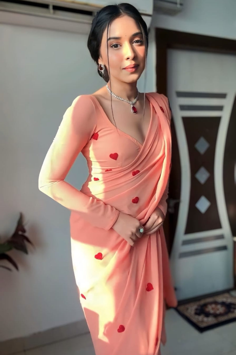 Smashing 1-Minute Ready To Wear Peach Georgette Saree - thelotusfab