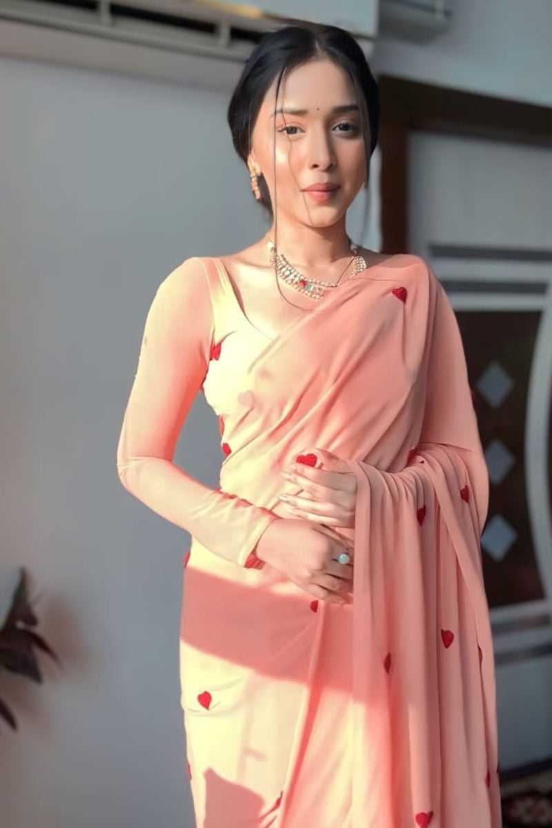 Smashing 1-Minute Ready To Wear Peach Georgette Saree - thelotusfab