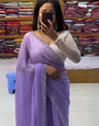 Chatoyant Lavender Georgette Diamond Work Saree With Forbearance Blouse Piece