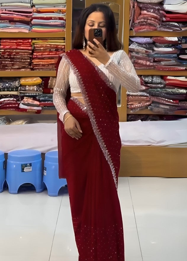 Efflorescence Maroon Georgette Diamond Work Saree With Excellent Blouse Piece - thelotusfab