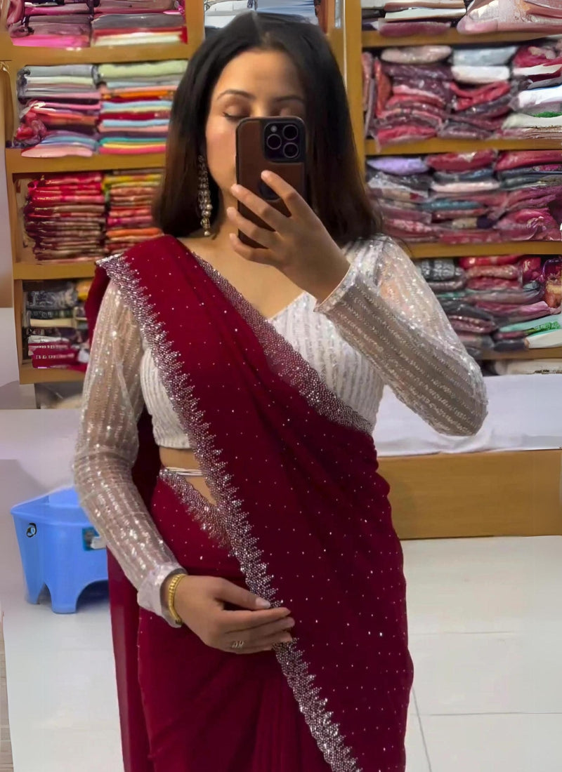 Efflorescence Maroon Georgette Diamond Work Saree With Excellent Blouse Piece - thelotusfab