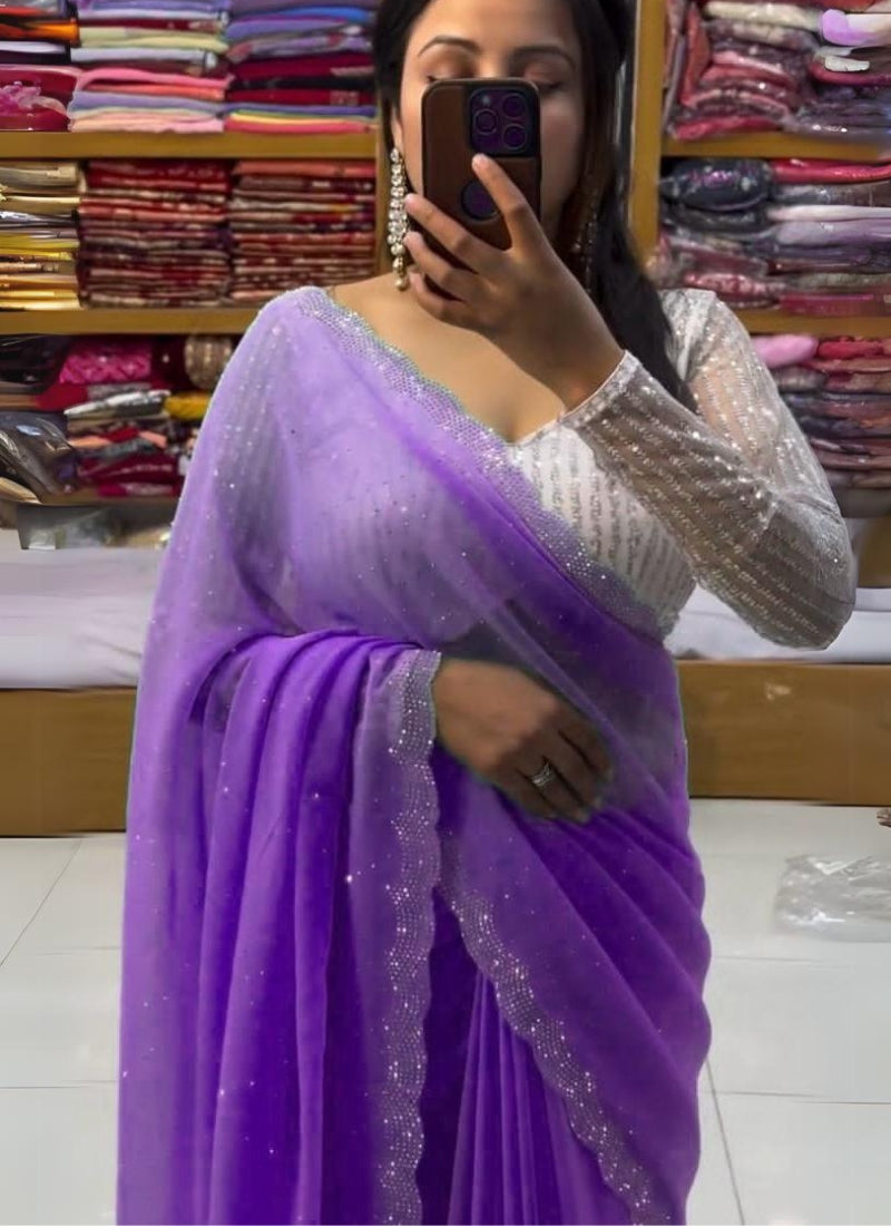 Innovative Lavender Georgette Diamond Work Saree With Sophisticated Blouse Piece - thelotusfab