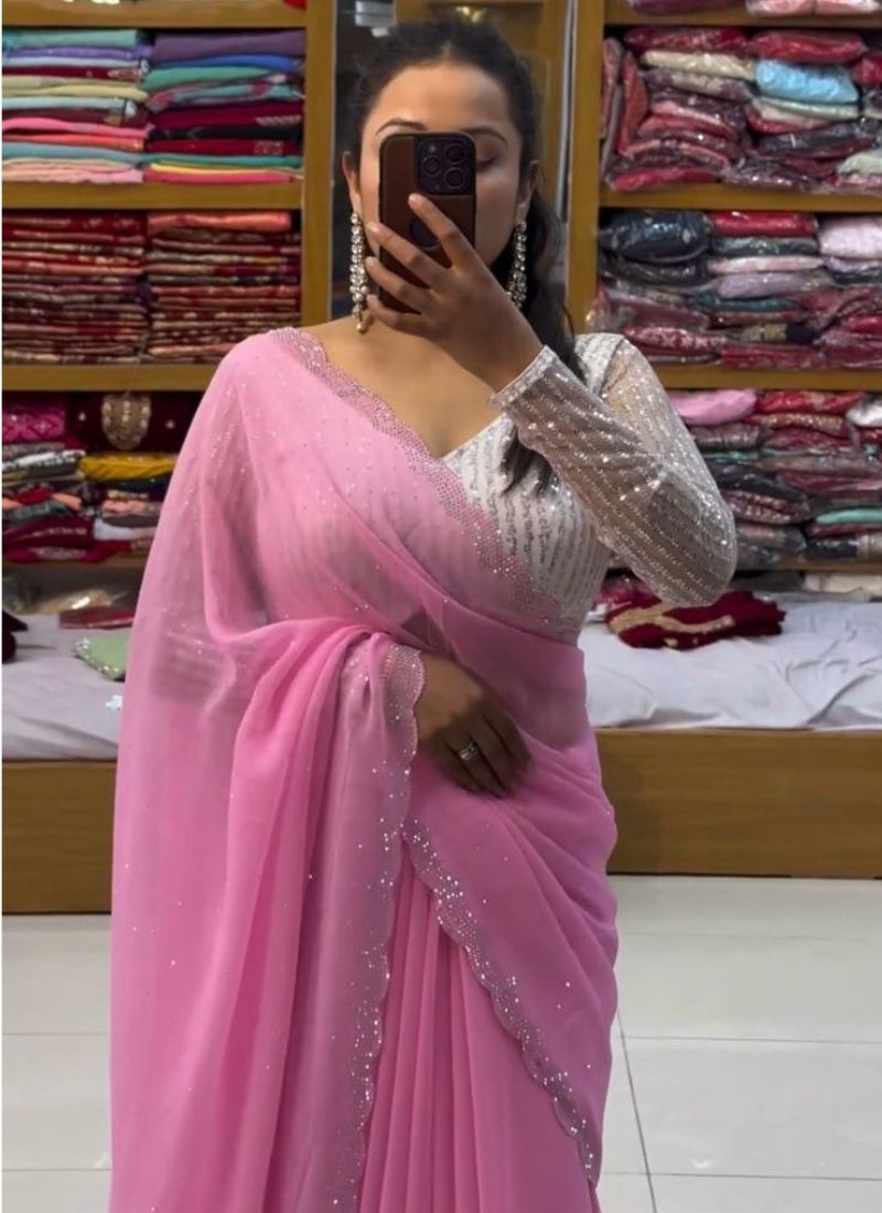 Amazing Pink Georgette Diamond Work Saree With Gorgeous Blouse Piece - thelotusfab