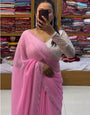 Amazing Pink Georgette Diamond Work Saree With Gorgeous Blouse Piece