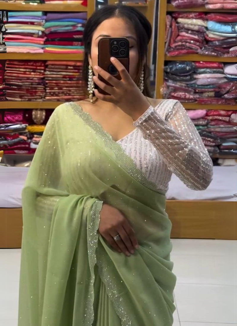 Pretty Pista Georgette Diamond Work Saree With Glowing Blouse Piece - thelotusfab