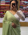 Pretty Pista Georgette Diamond Work Saree With Glowing Blouse Piece