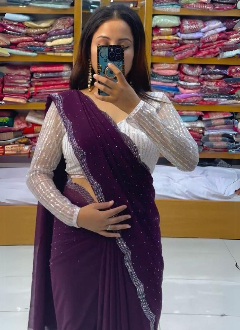 Impressive Purple Georgette Diamond Work Saree With Captivating Blouse Piece - thelotusfab