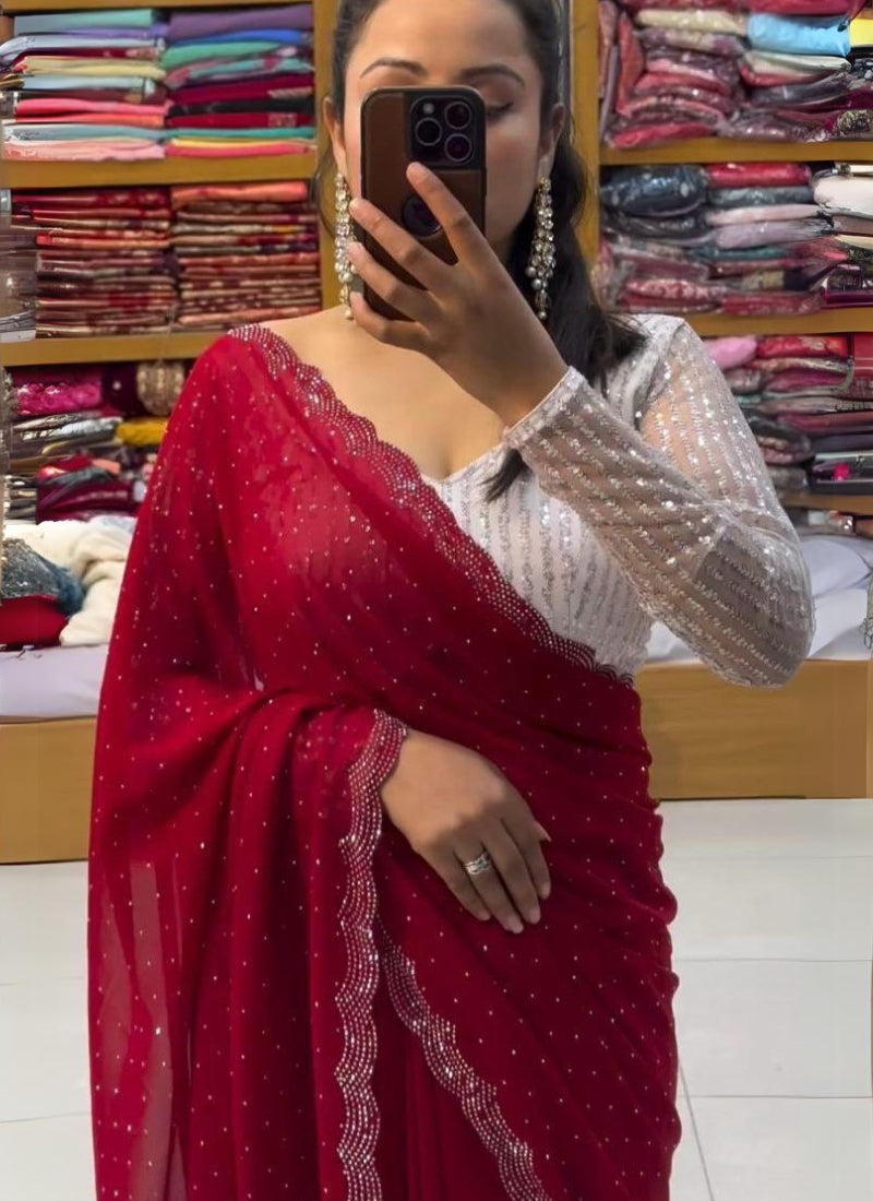 Appealing Red Georgette Diamond Work Saree With Blissful Blouse Piece - thelotusfab