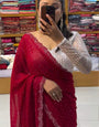 Appealing Red Georgette Diamond Work Saree With Blissful Blouse Piece