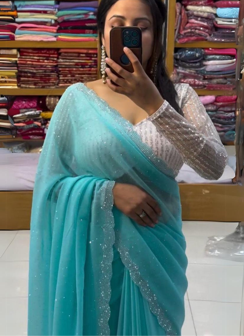 Hypnotic Sky Georgette Diamond Work Saree With Engrossing Blouse Piece - thelotusfab