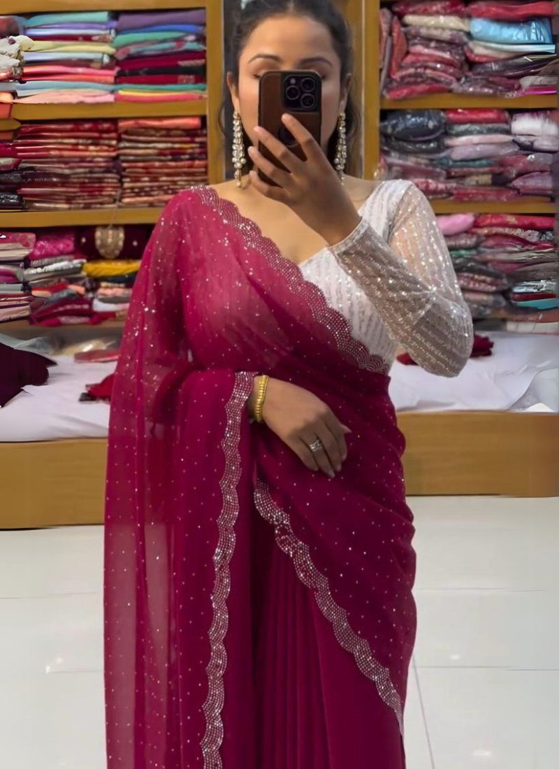 Demanding Wine Georgette Diamond Work Saree With Charming Blouse Piece - thelotusfab