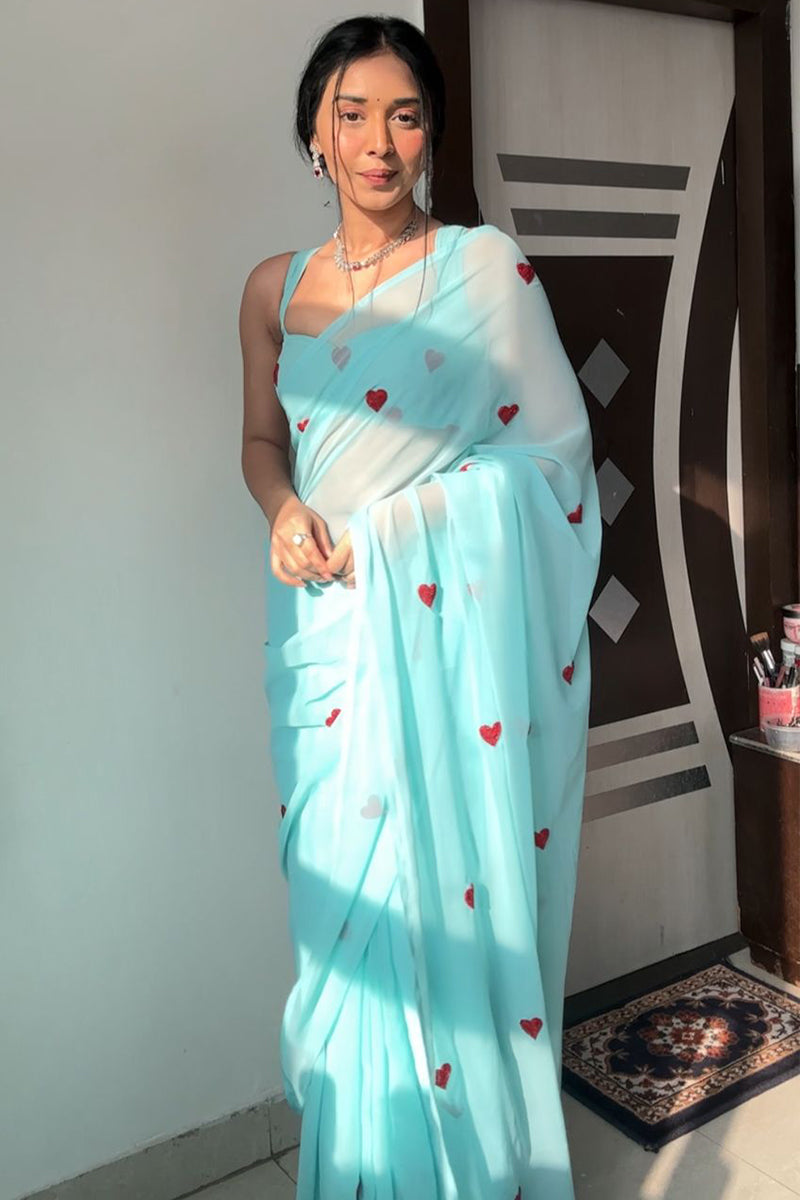 Enamoring 1-Minute Ready To Wear Sky Georgette Saree - thelotusfab