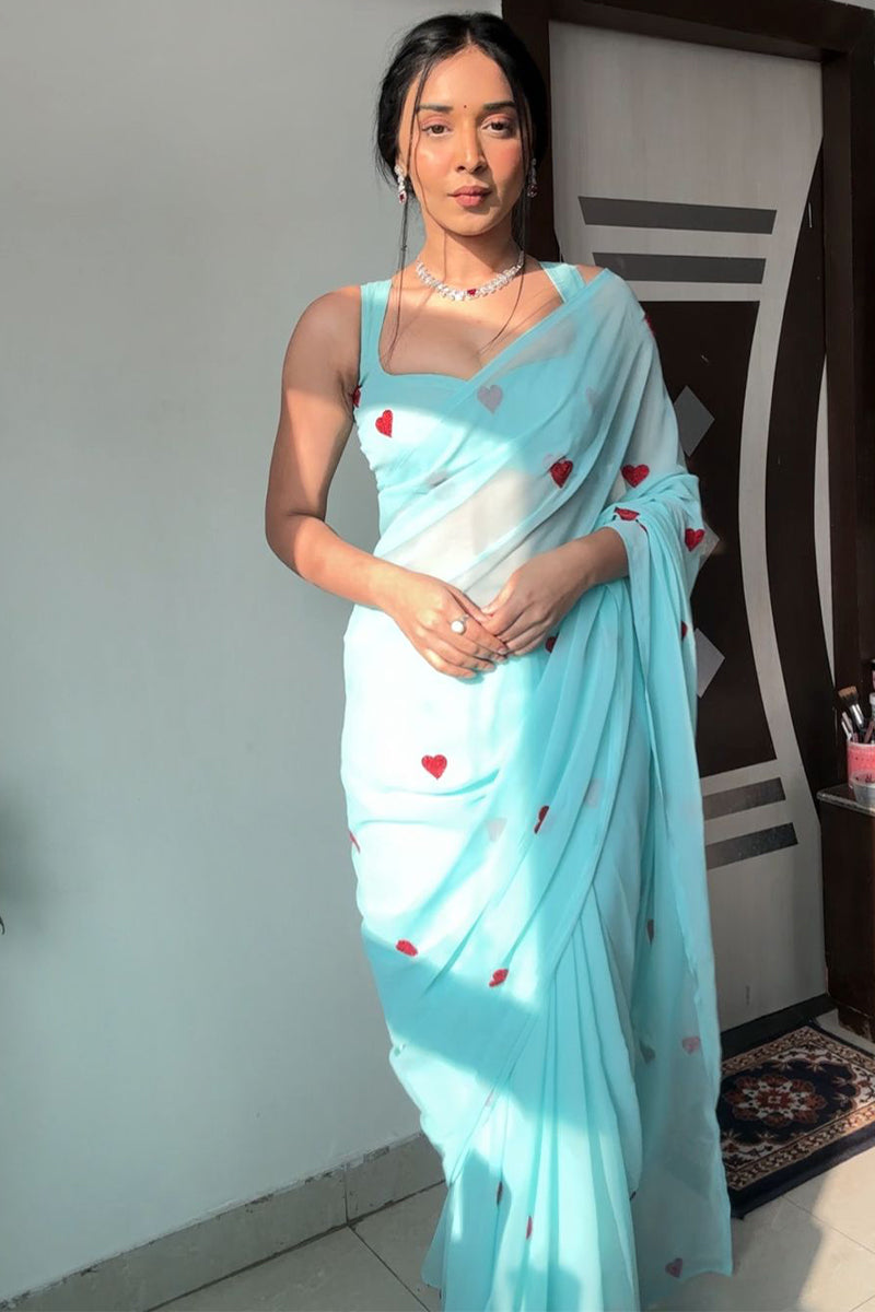 Enamoring 1-Minute Ready To Wear Sky Georgette Saree - thelotusfab