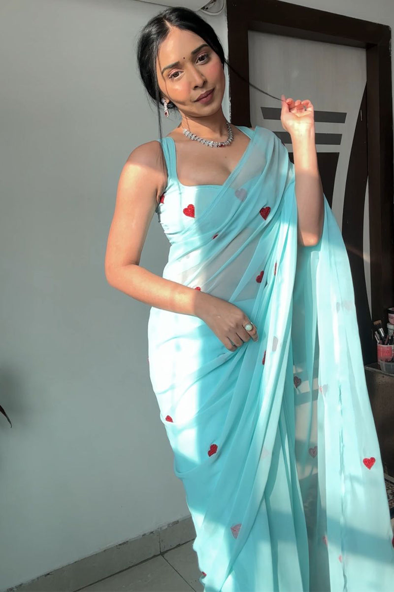 Enamoring 1-Minute Ready To Wear Sky Georgette Saree - thelotusfab