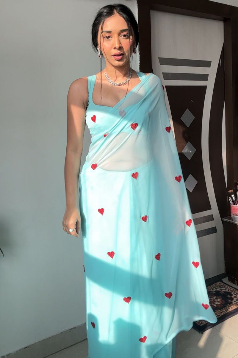 Enamoring 1-Minute Ready To Wear Sky Georgette Saree - thelotusfab