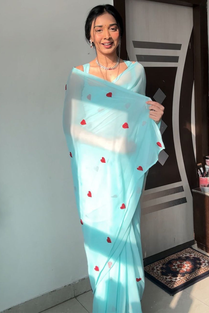 Enamoring 1-Minute Ready To Wear Sky Georgette Saree - thelotusfab