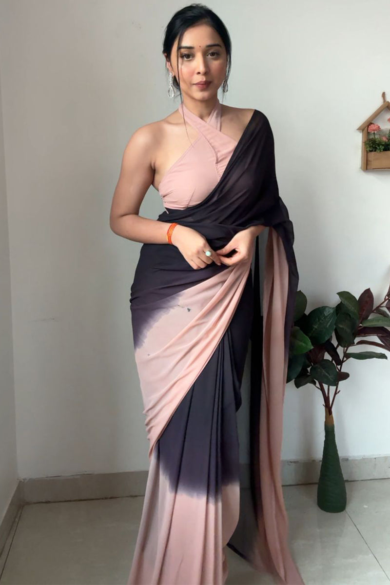 Enthralling 1-Minute Ready To Wear Black and Peach Georgette Saree - thelotusfab