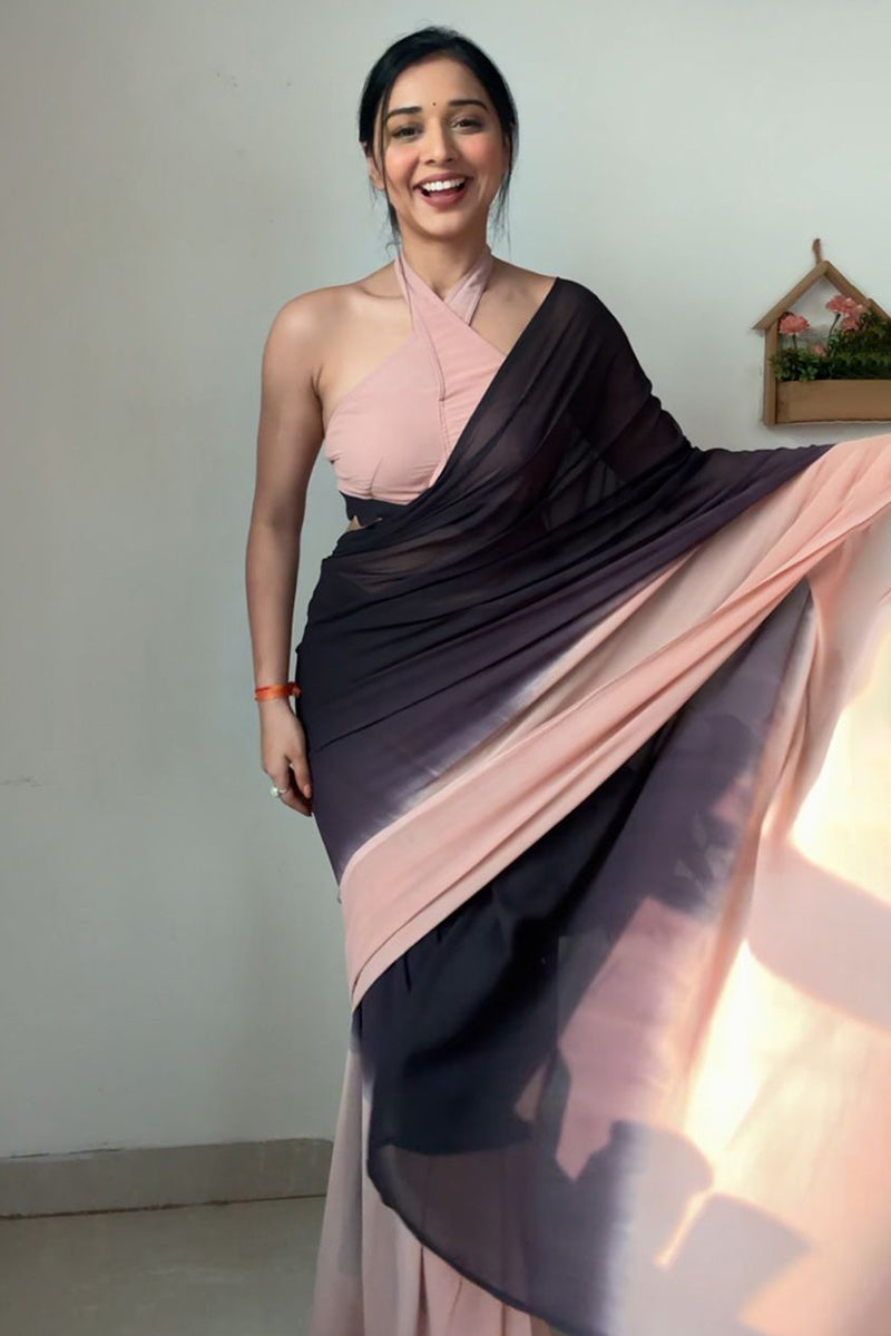 Enthralling 1-Minute Ready To Wear Black and Peach Georgette Saree - thelotusfab