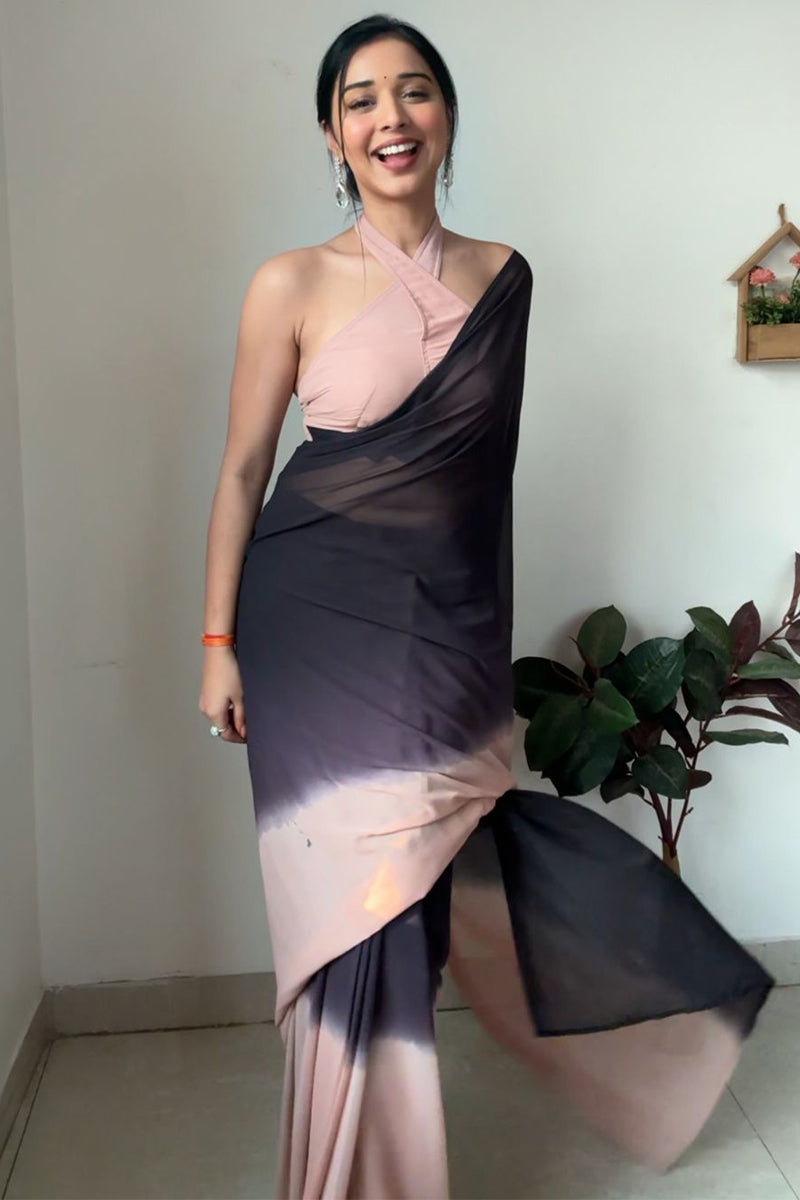 Enthralling 1-Minute Ready To Wear Black and Peach Georgette Saree - thelotusfab