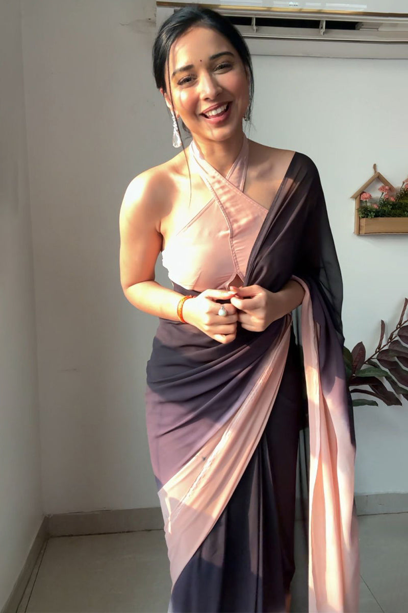 Enthralling 1-Minute Ready To Wear Black and Peach Georgette Saree - thelotusfab