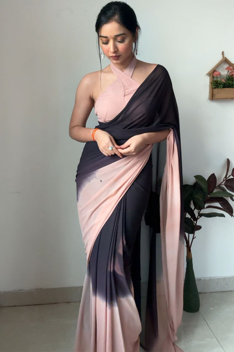 Enthralling 1-Minute Ready To Wear Black and Peach Georgette Saree - thelotusfab