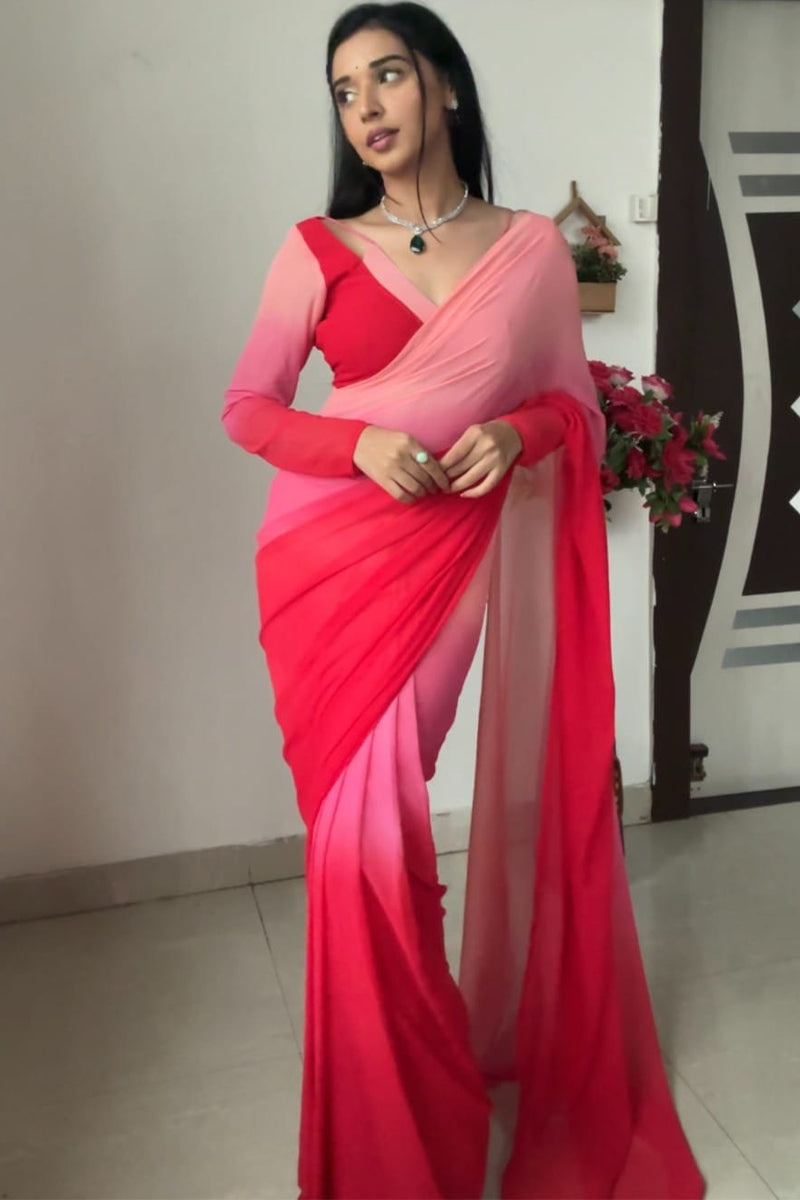 Allure 1-Minute Ready To Wear Red and Baby Pink Georgette Saree - thelotusfab