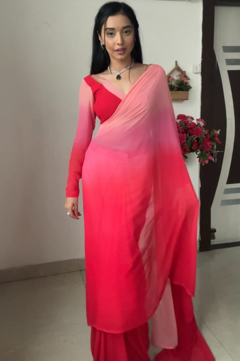 Allure 1-Minute Ready To Wear Red and Baby Pink Georgette Saree - thelotusfab