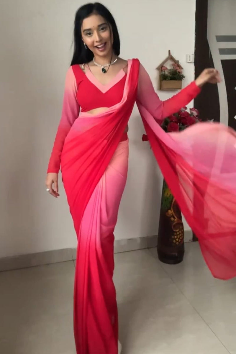 Allure 1-Minute Ready To Wear Red and Baby Pink Georgette Saree - thelotusfab