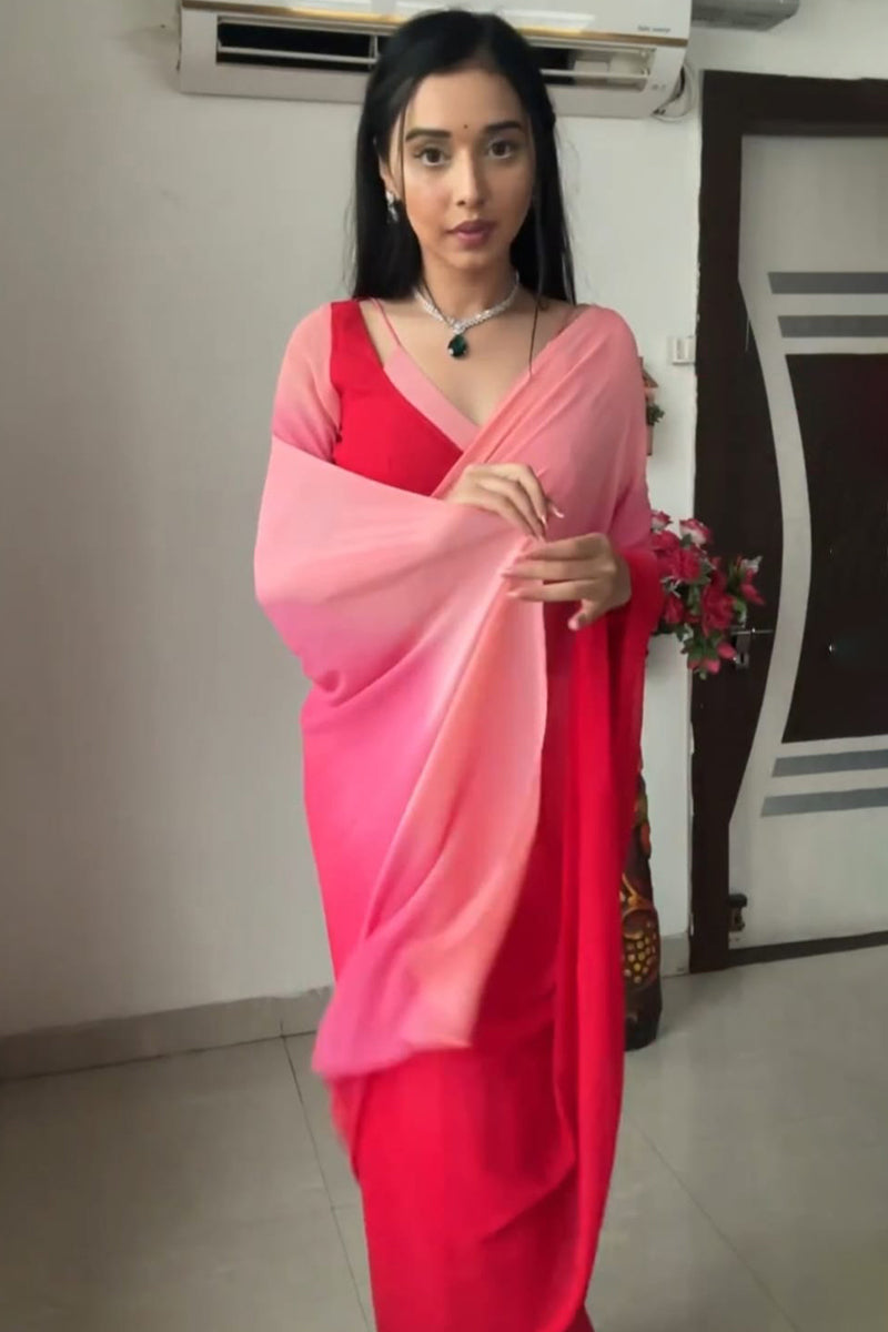 Allure 1-Minute Ready To Wear Red and Baby Pink Georgette Saree - thelotusfab