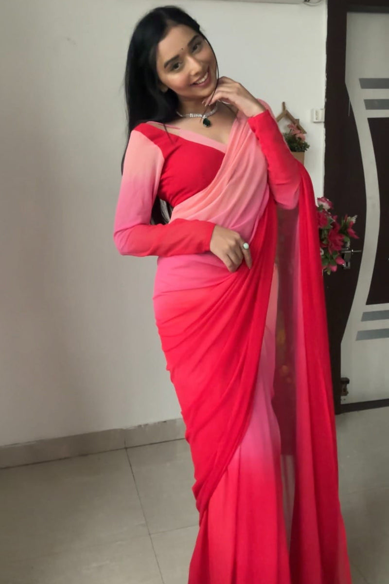 Allure 1-Minute Ready To Wear Red and Baby Pink Georgette Saree - thelotusfab