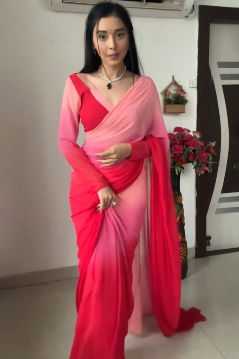 Allure 1-Minute Ready To Wear Red and Baby Pink Georgette Saree - thelotusfab